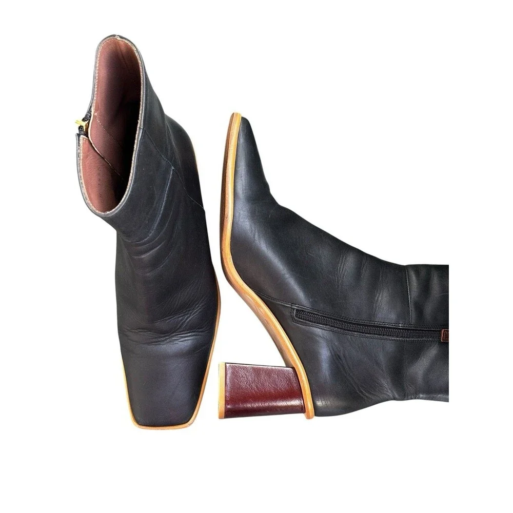 Alohas East Black Leather Square Toe Ankle Boots Wood Block Heel Spain SZ 10.5